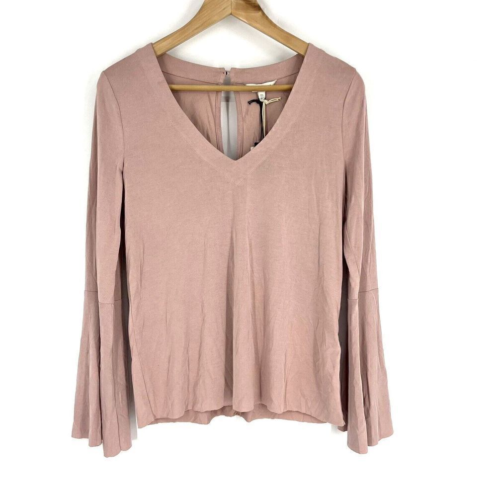 Lucky Brand Shirt Size XS Womens Pink Sand Wash Tee Long Bell Sleeve Top V Neck